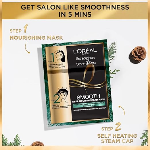 L'Oréal Paris Professional Nourishing Treatment, For Smooth & Straight Frizz-Free hair With Extraordinary Oil Smooth Steam Mask, 20ml + 40g