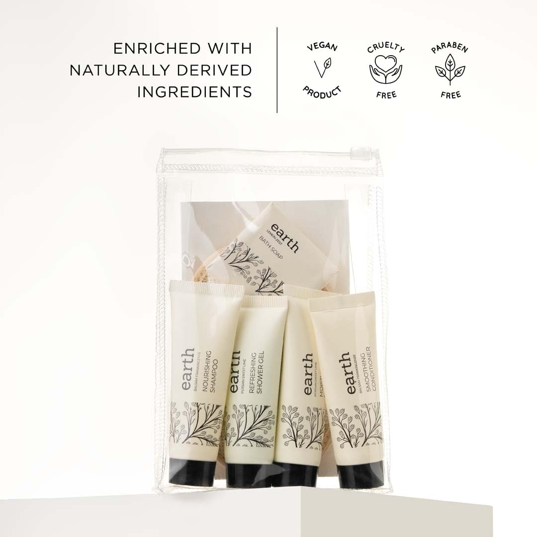 Kimirica Travel Kit Bath Set Earth Luxury Bath and Body Care Travel pouch| 6 in 1 self-care travel kit with a reusable pouch 100% Vegan