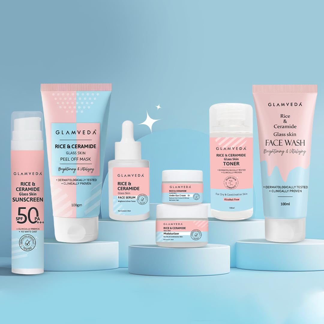 Glamveda Korean 7 Step Skincare Kit for Women | Rice & Ceramide Routine