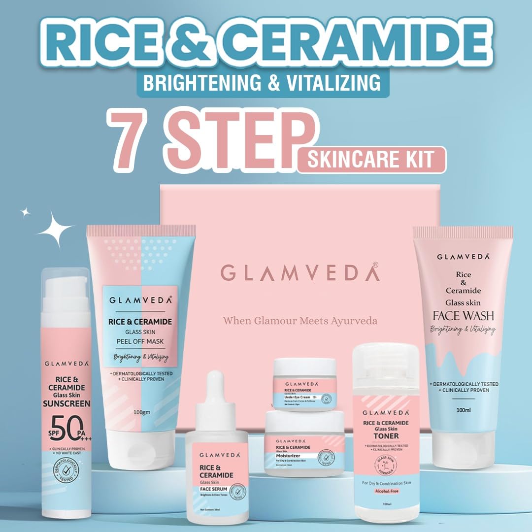 Glamveda Korean 7 Step Skincare Kit for Women | Rice & Ceramide Routine