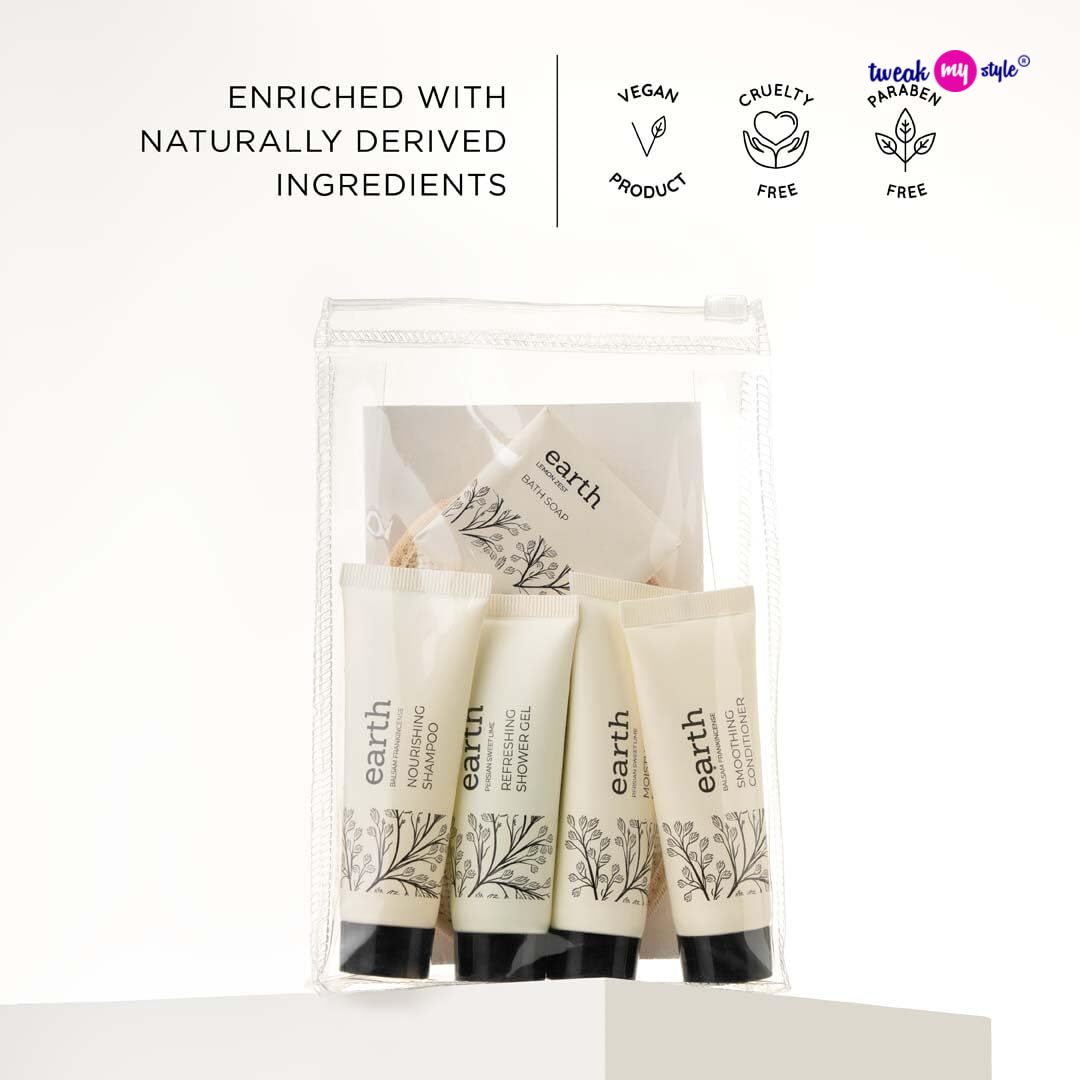 Kimirica Travel Kit Bath Set Earth Luxury Bath and Body Care Travel pouch| 6 in 1 self-care travel kit with a reusable pouch 100% Vegan