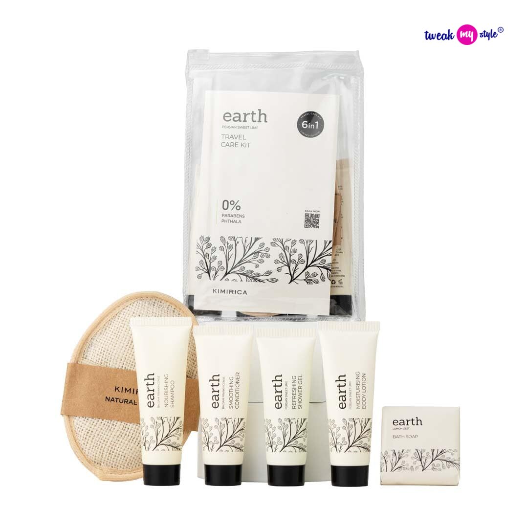 Kimirica Travel Kit Bath Set Earth Luxury Bath and Body Care Travel pouch| 6 in 1 self-care travel kit with a reusable pouch 100% Vegan