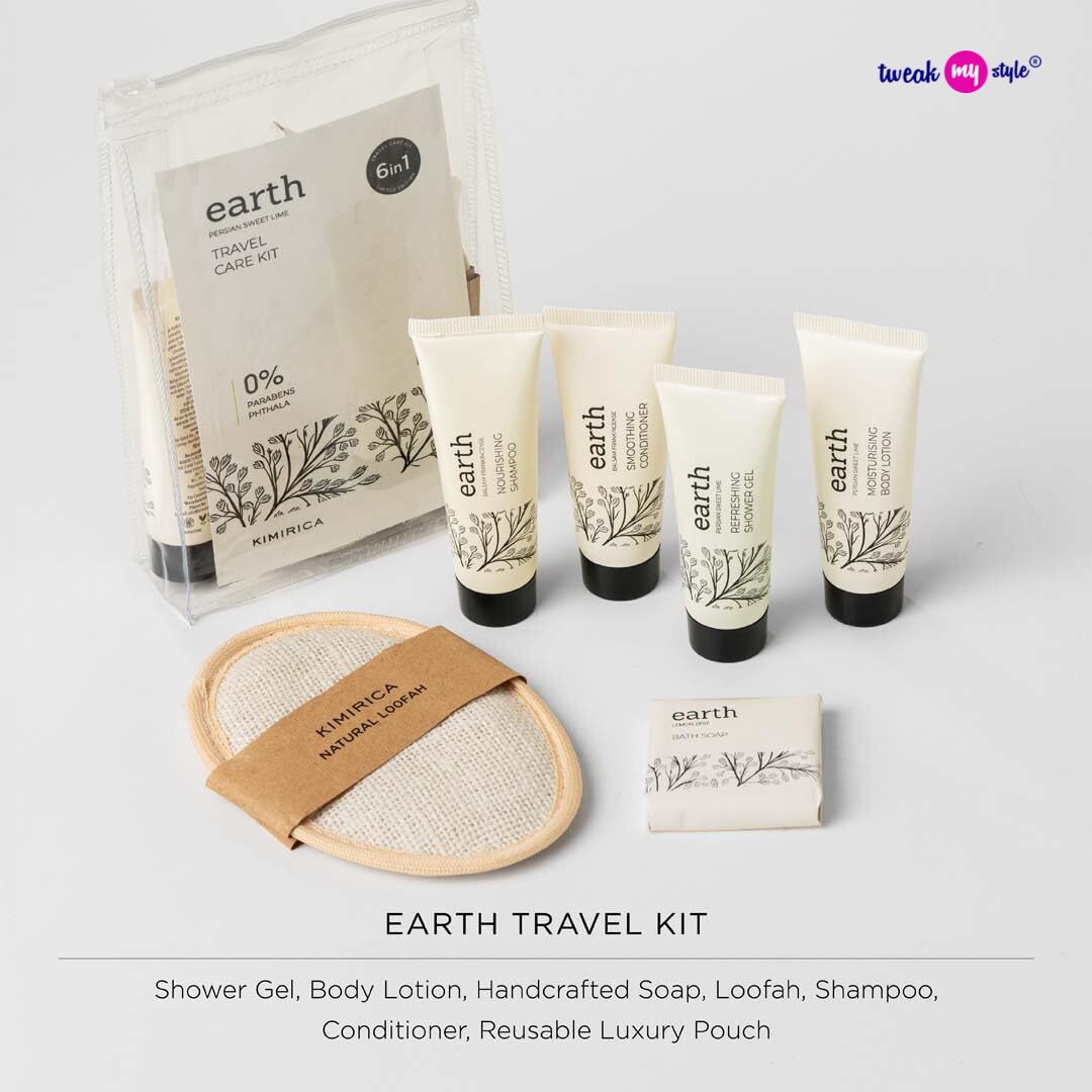 Kimirica Travel Kit Bath Set Earth Luxury Bath and Body Care Travel pouch| 6 in 1 self-care travel kit with a reusable pouch 100% Vegan