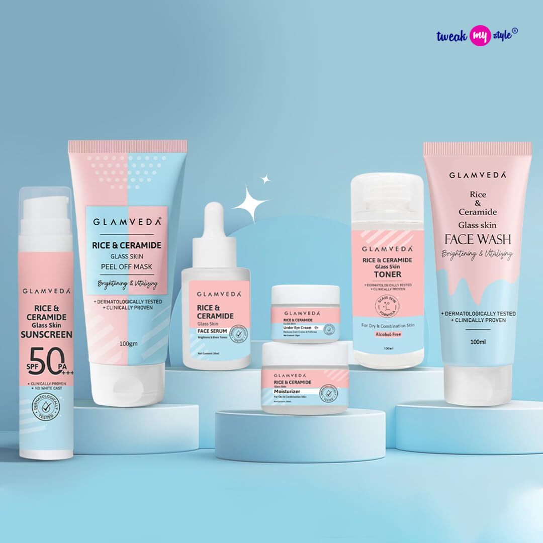 Glamveda Korean 7 Step Skincare Kit for Women | Rice & Ceramide Routine
