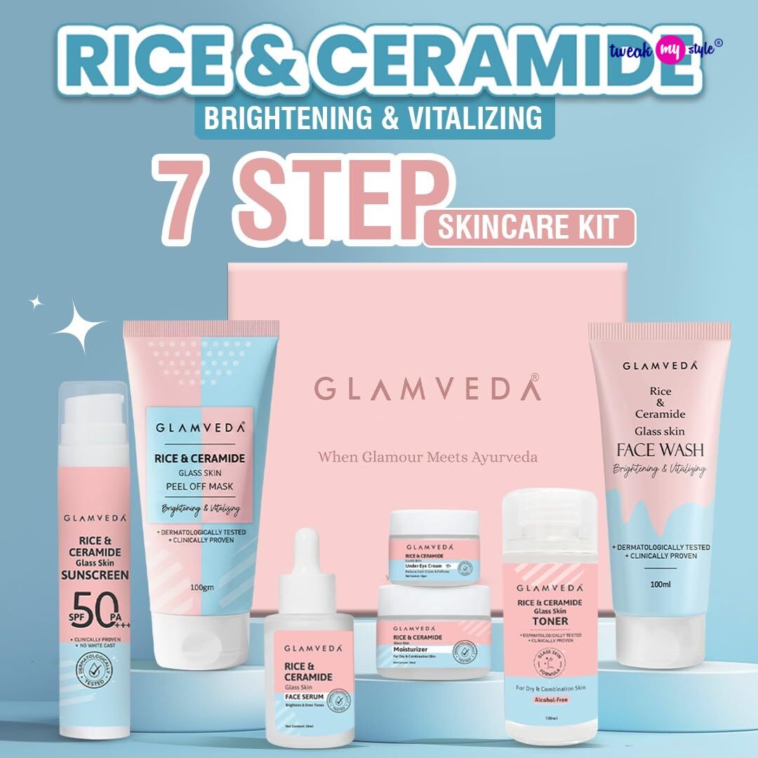 Glamveda Korean 7 Step Skincare Kit for Women | Rice & Ceramide Routine