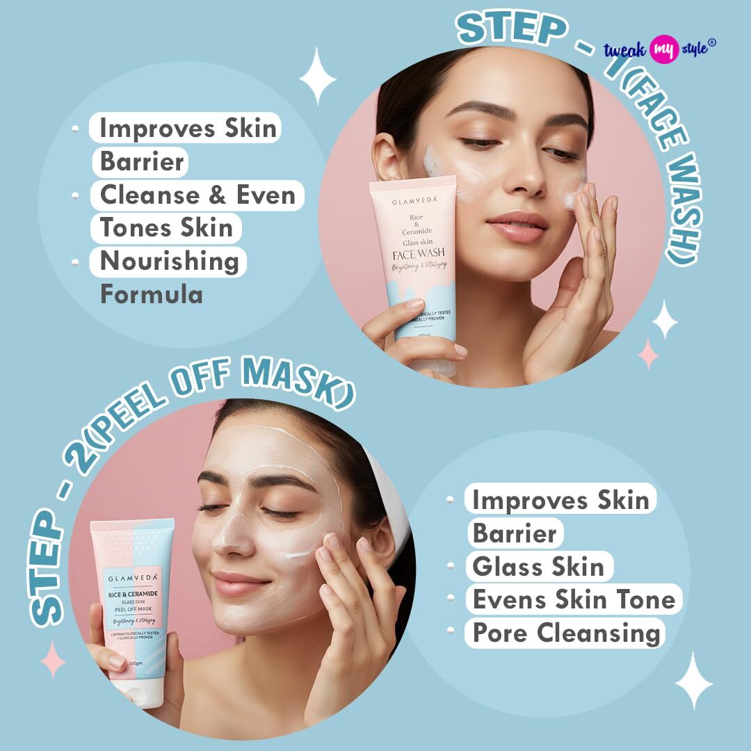 Glamveda Korean 7 Step Skincare Kit for Women | Rice & Ceramide Routine