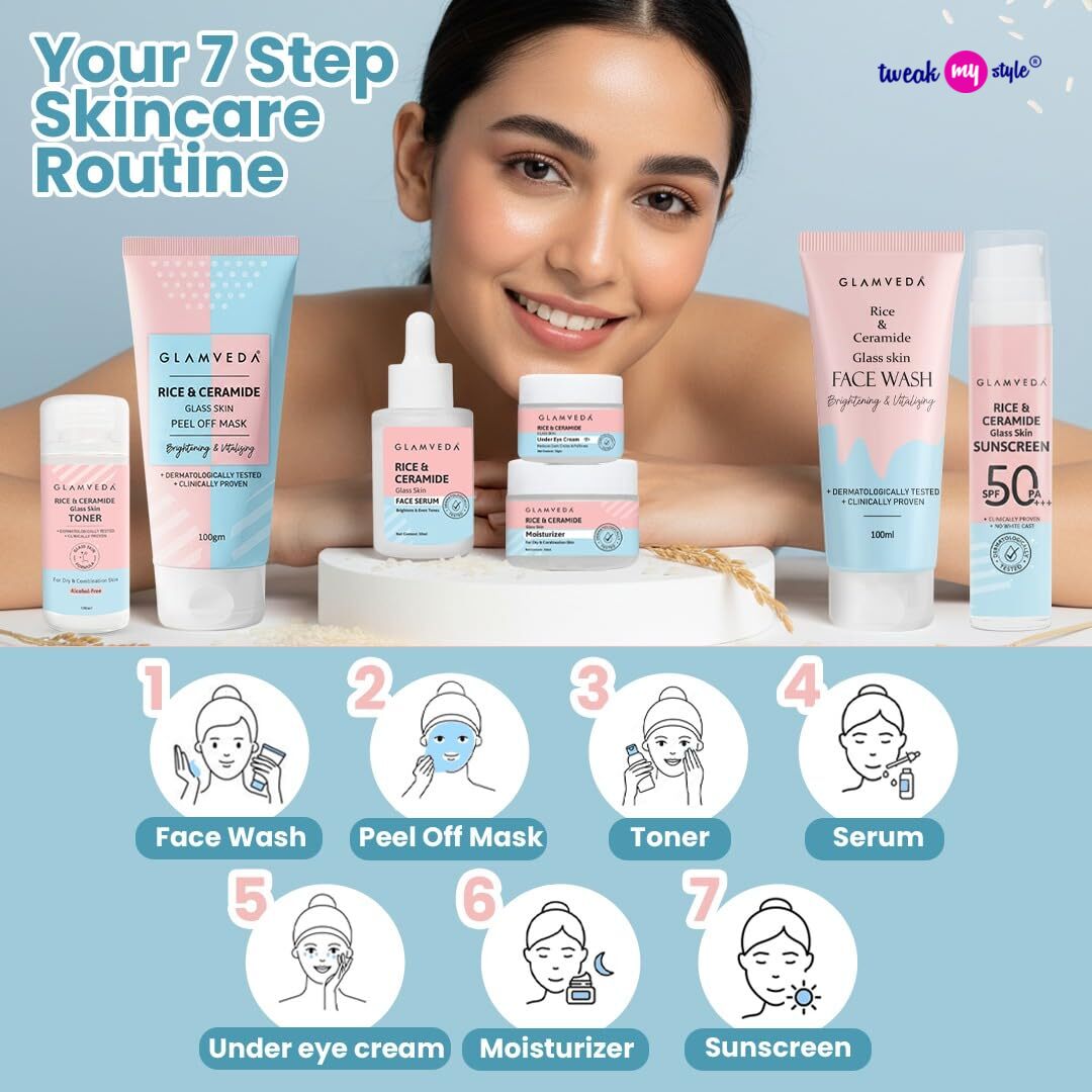 Glamveda Korean 7 Step Skincare Kit for Women | Rice & Ceramide Routine